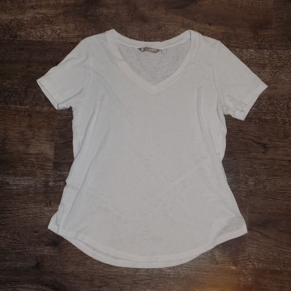 Athleta V-Neck Tee Women Small White Excellent Slub Knit Curved Hem Short Sleeve